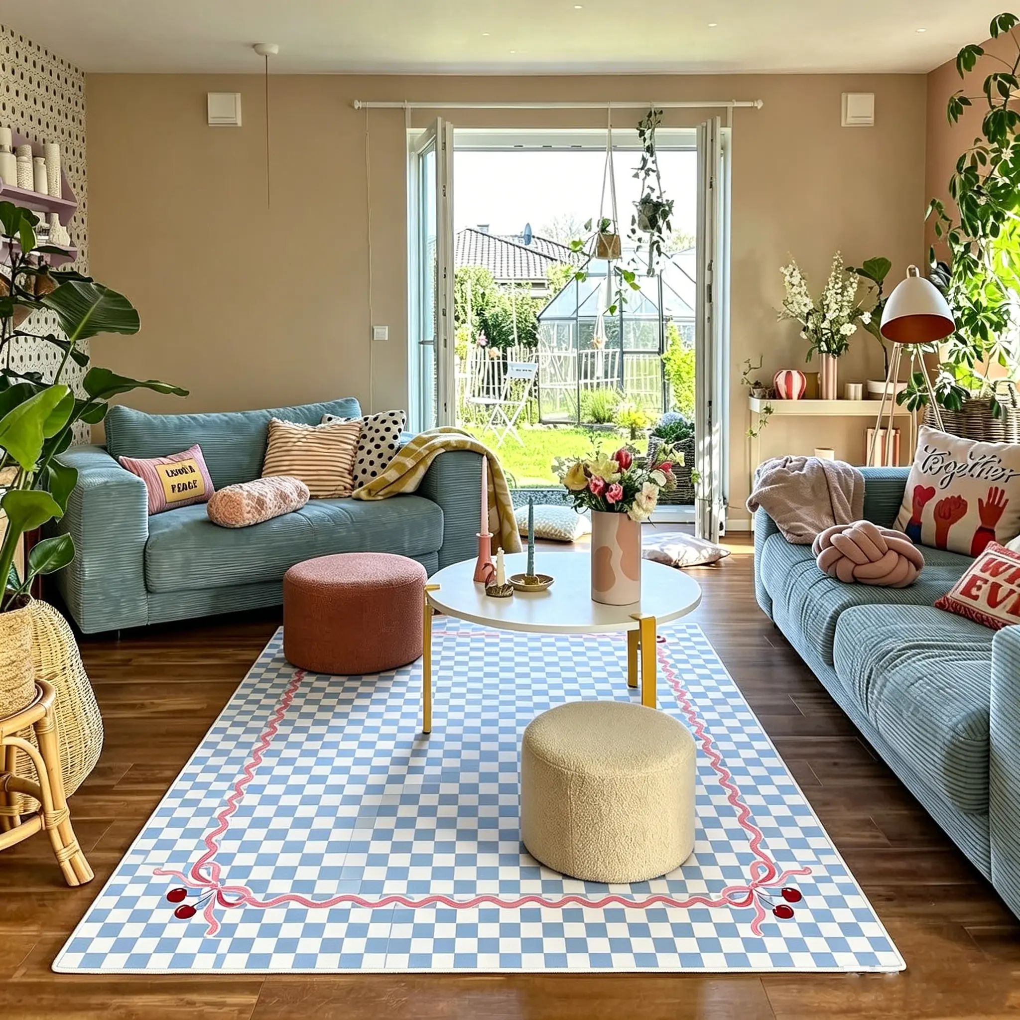 Modern Checkerboard Cherry Pattern Bowknot Area Rug, Washable Soft Non-Slip Pet-Friendly Mat for Living Room, Girl’s Bedroom