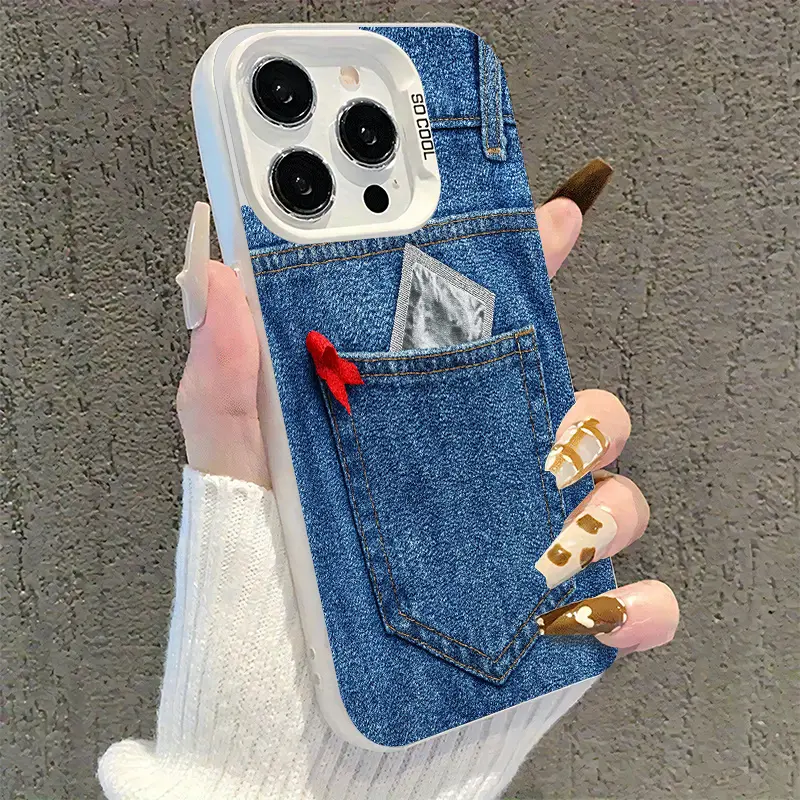 Blue Denim Pocket Phone Case, Y2K Casual Jeans Texture Wrist Strap Cover for iPhone 17 16 15 14 13 12 11 X Plus Pro Max, Streetwear Gift Smartphone Cellphone