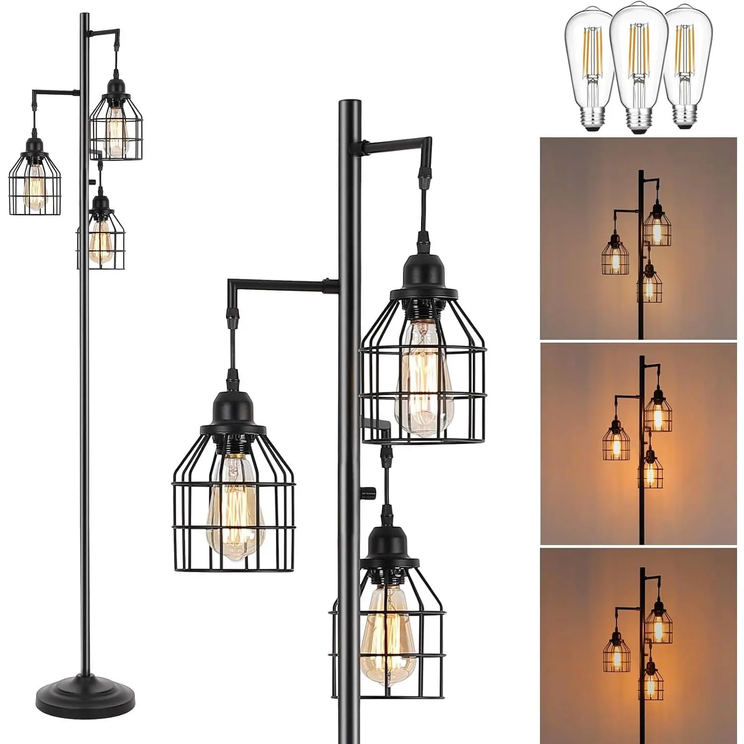 68" Tall Farmhouse Industrial Tree Shape Standing Lamp with Brightness Control, 3-Light Metal Cage Design for Living Room, 3 Edison LED Bulbs (800lm Each) Included, 2-Year After-Sale Service, Compatible with Incandescent Bulbs, Led Lights, 3 Pcs
