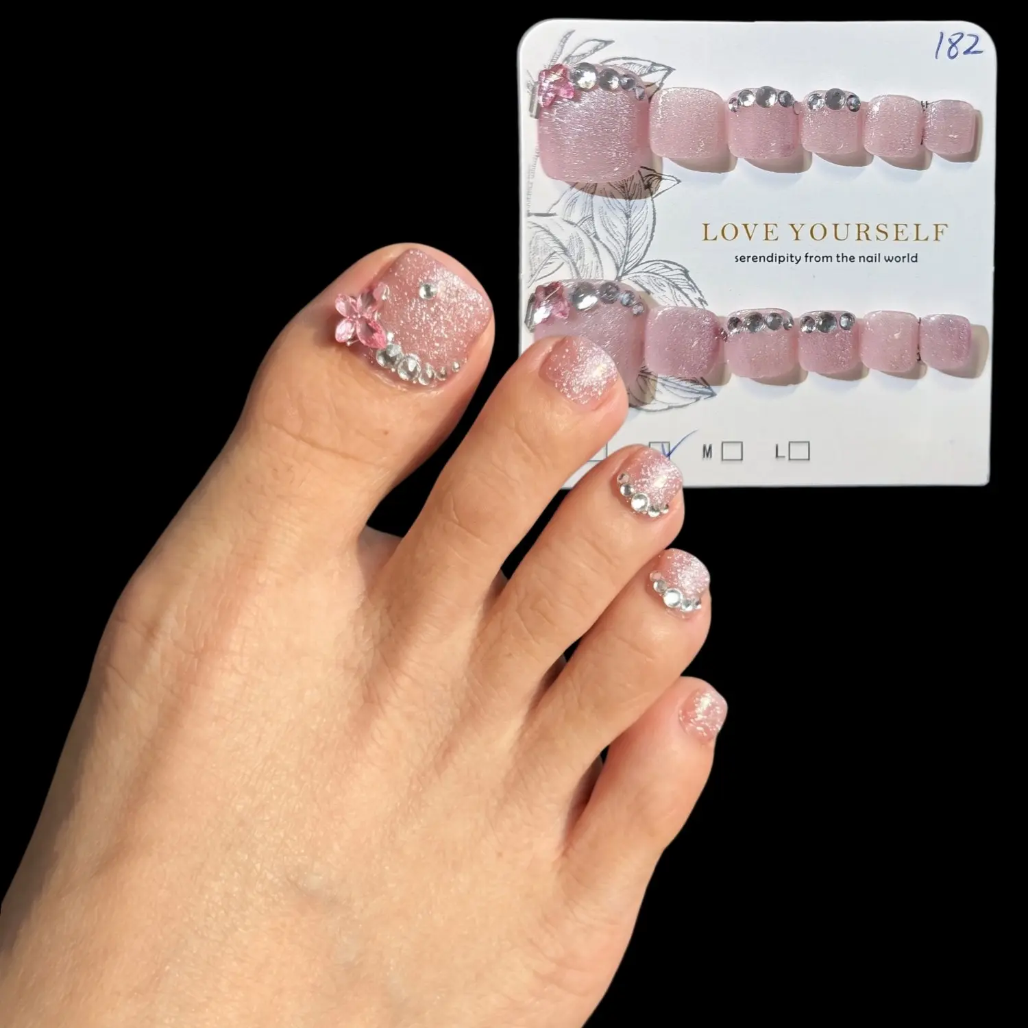 12Pcs Handmade Press on Toe Nails Short Square Pink Glitter Fake Toenails with 3D Pink Rhinestone Butterfly Sparkling Cuticle Silver Diamonds Luxury Reusable False Foot Nails Set Artificial Nails for Women