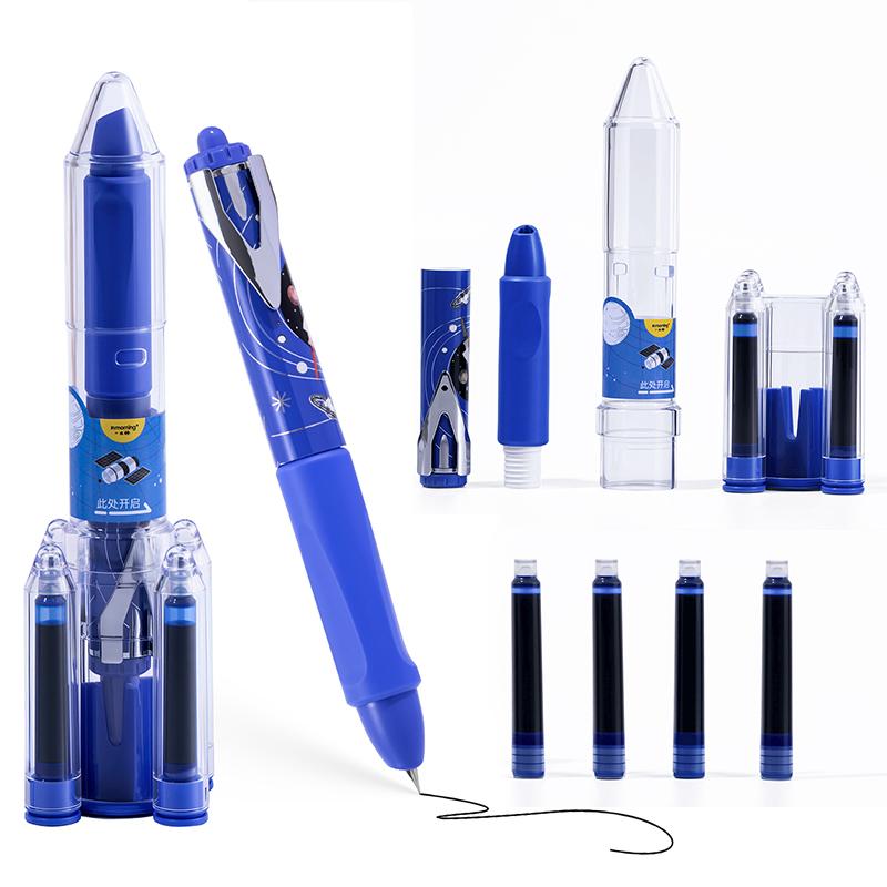 Set 2 simple posture fountain pens with starry sky pattern, blue theme, comes with 4 ink cartridges, replaceable ink cartridges, minimalist style, smooth continuous ink flow, quick drying, DIY study office writing, large capacity fountain pen set