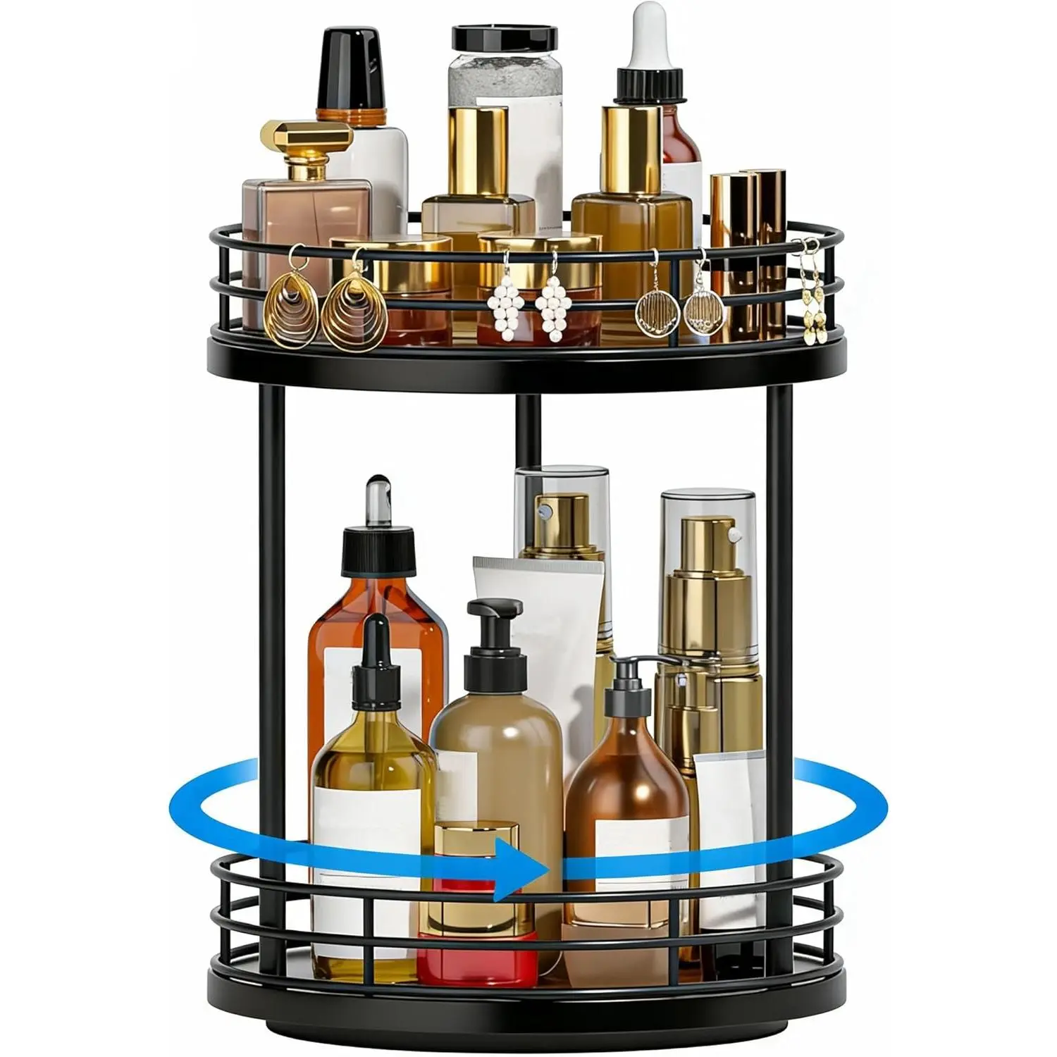 2-Tier Rotating Bathroom Countertop Organizer, Wooden Makeup  Storage, Multifunctional Lazy Susan Turntable for Skincare, Perfume and  (Black)