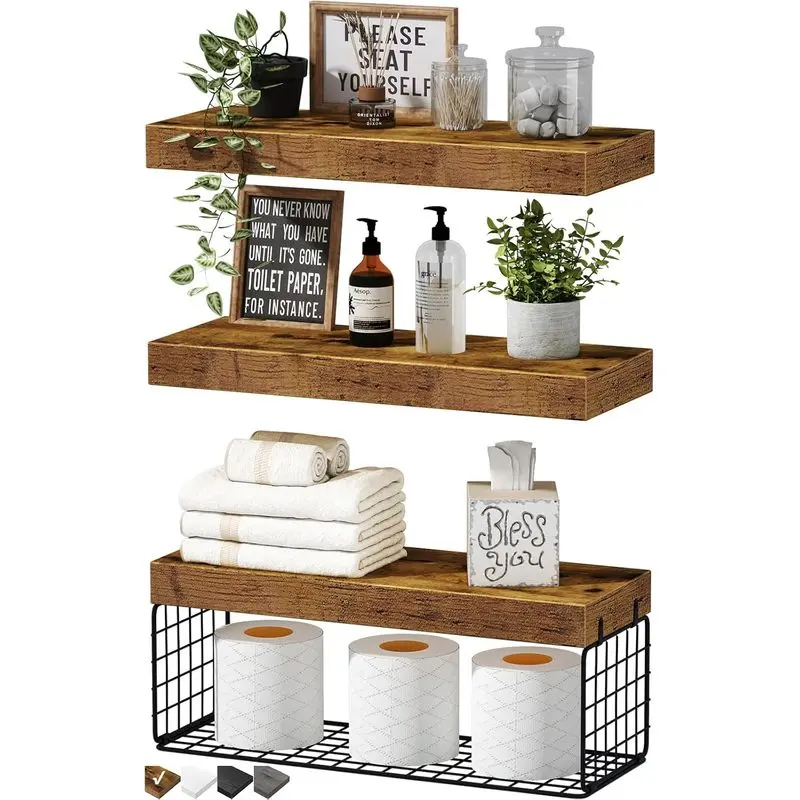 Farmhouse Wall-Mounted Floating Bathroom Shelves Set of 3, 16in Rustic Brown Units for Toilet Paper Storage, Toilet Space-Maximizing Bathroom Set (019-BN3)