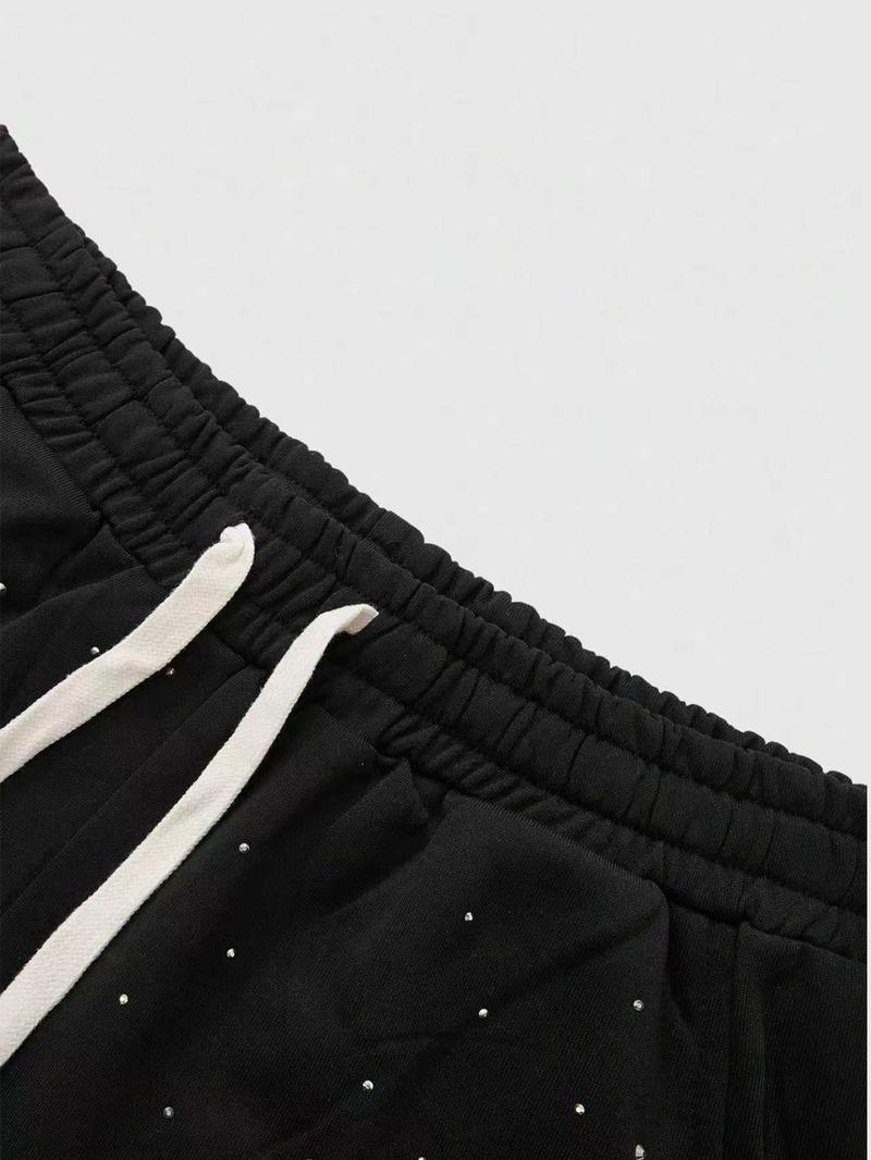 Men's Street Style Straight Leg Sweatpants, Design Sense American Fashion Rhinestone Embroidery, Unisex Casual Pants for Daily Wear, Casual Sporty Trousers