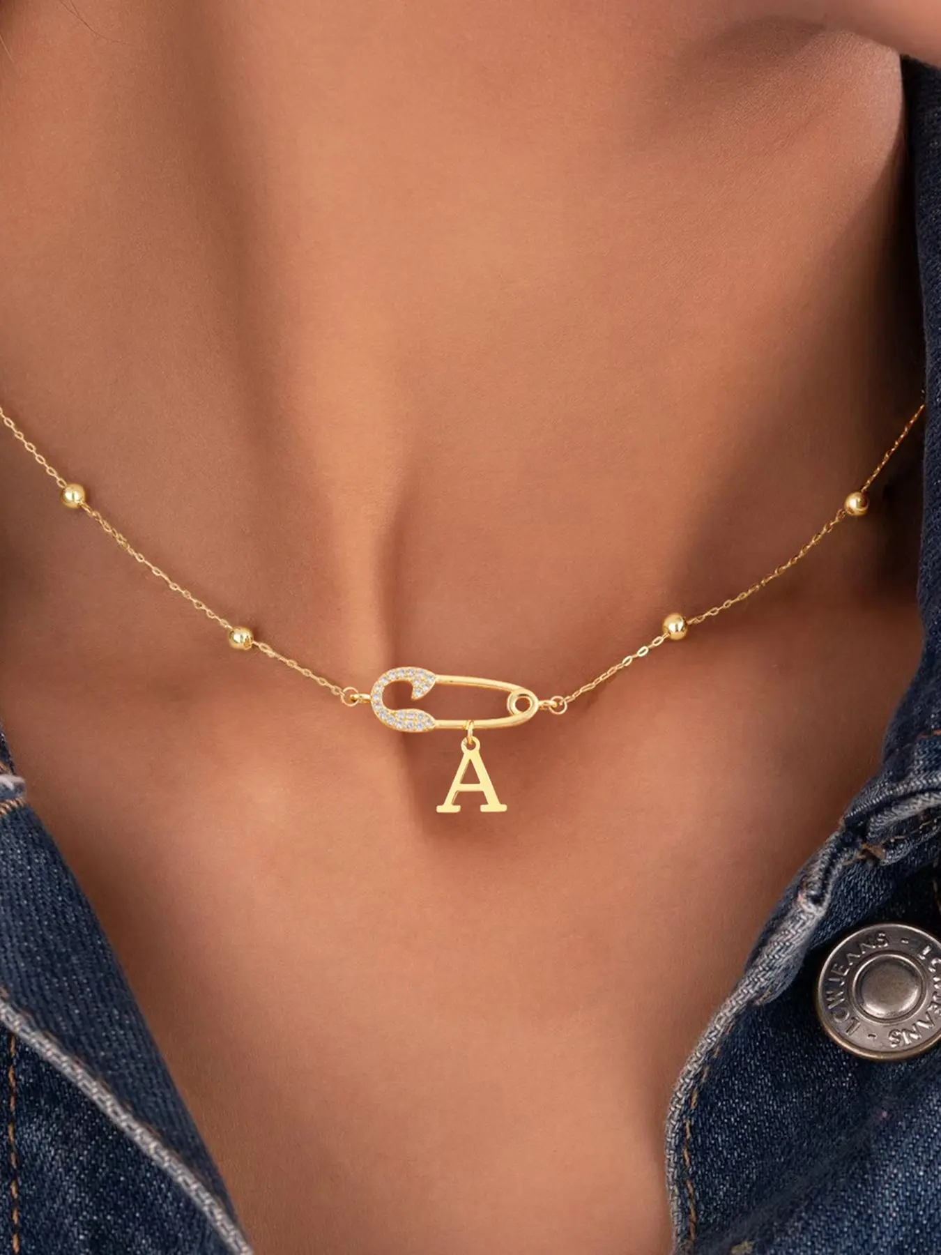Women's Classic Stainless Steel Beaded Chain Necklace, Elegant Letter Pin Pendant Design, All Season Jewelry Accessory