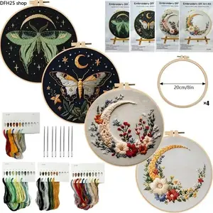 Butterfly Moon Cross Stitch Embroidery Kit for Beginners, DIY Needlework Craft Set with Printed Fabric, Thread and Hoop for Home Decor Projects