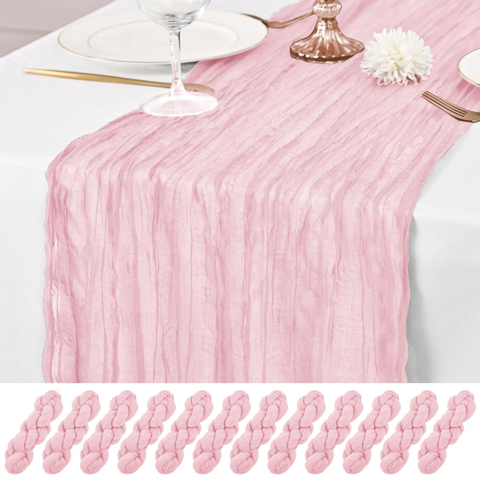 6/12 Pack Soft Polyester Light Pink Semi-Sheer Boho Gauze Cheesecloth Table Runner (17x108 in), Machine Washable for Wedding, Home Decor, Farmhouse Use