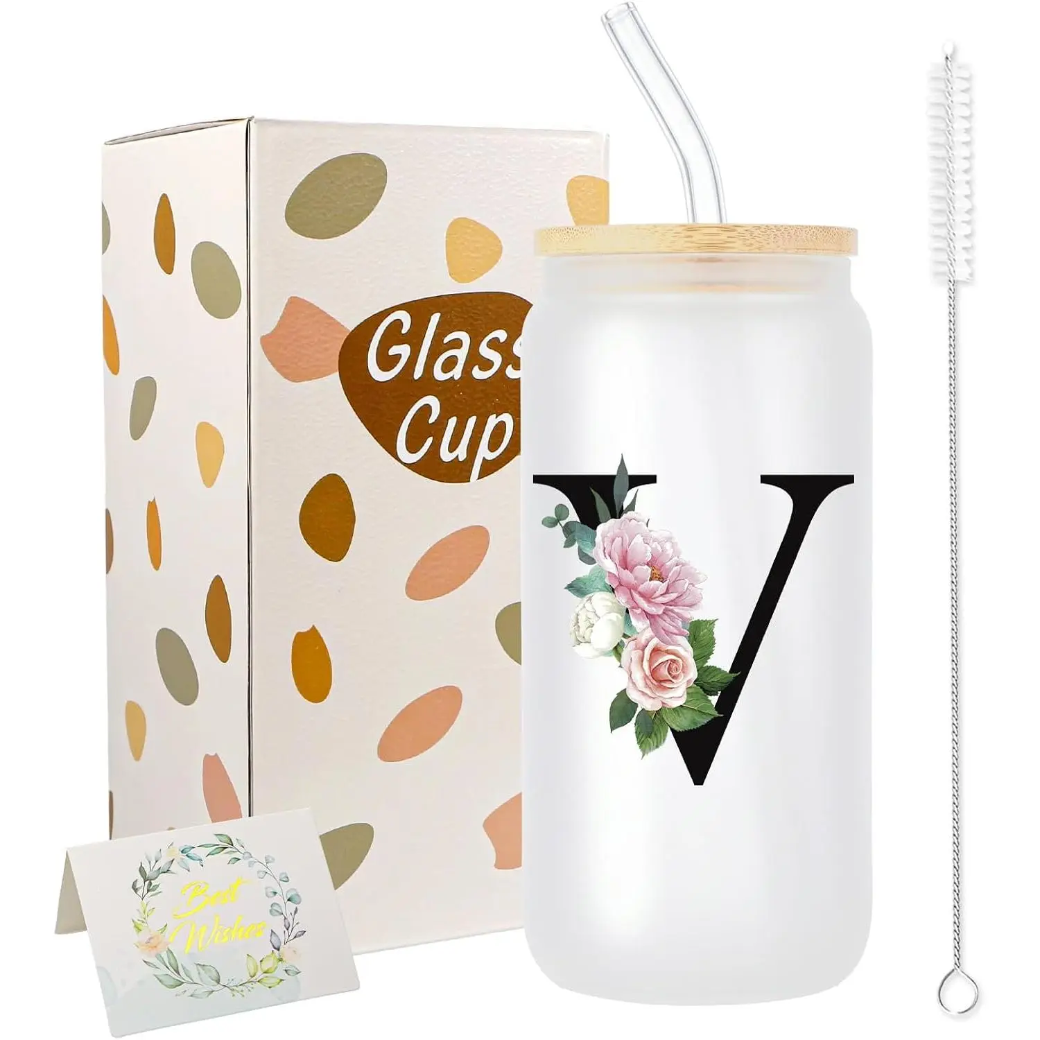 Personalized Gifts for Women,16 oz Custom Mug, Monogrammed Initial Glass Cups with  and Straws, Cute Glass Coffee Tumbler, Custom Gifts for Women, Teacher,  (V)