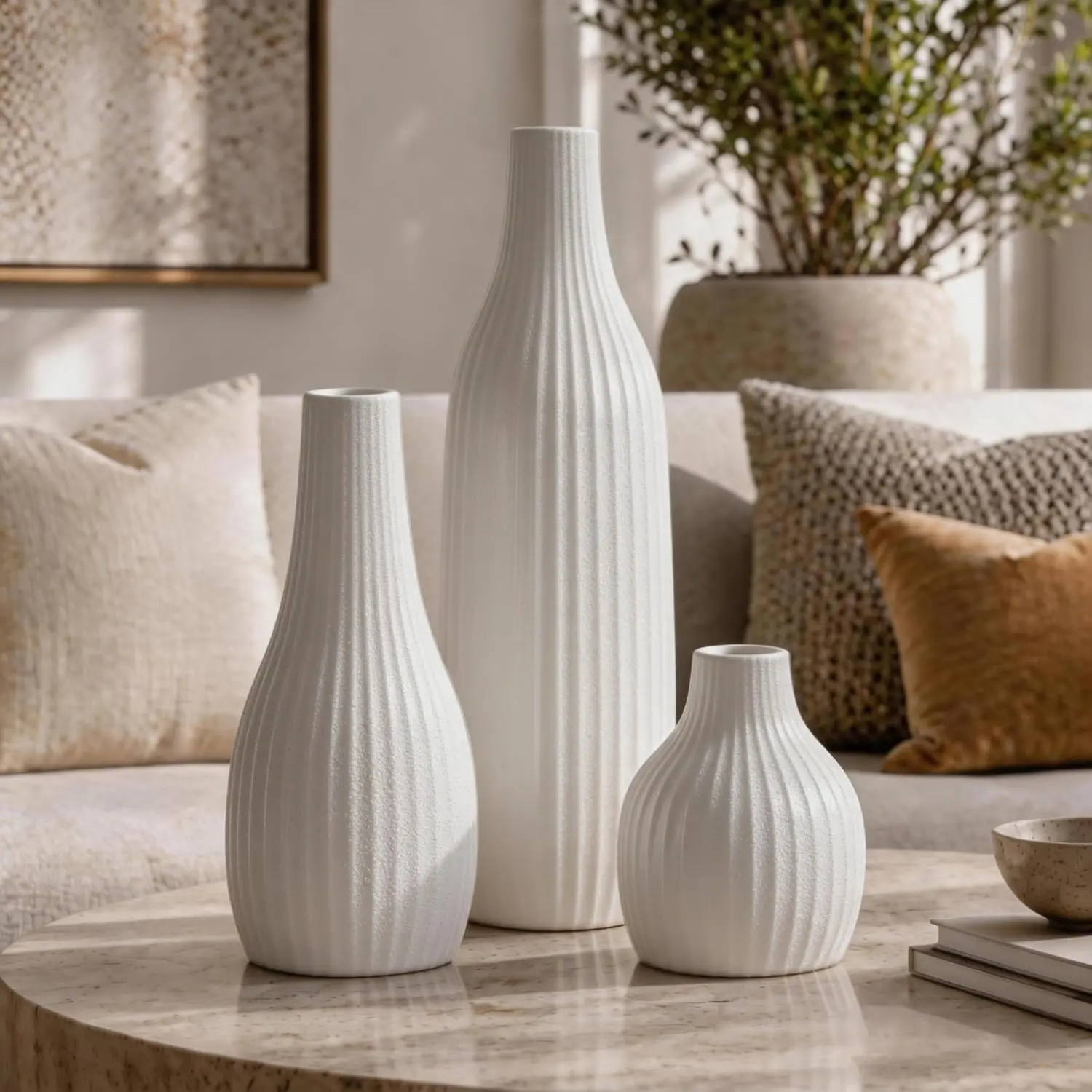 Minimal Line White Vase Set of 3 - Decorative Vases for Home Table Decor, Shelf, Entryway, Coffee Table, Dining Table Centerpiece, Fireplace Mantel - White
