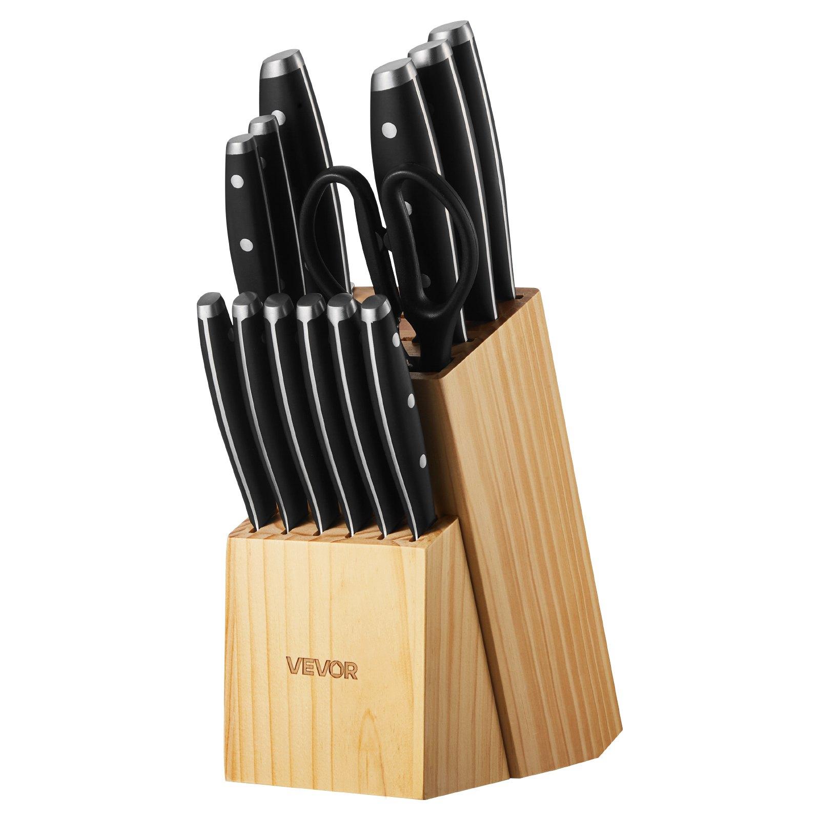VEVOR 15-Pcs High Carbon Stainless Steel Knives Set with Premium Wooden Block, Sharpener, Steak Blade, Ergonomic Handle and Sharpening Rod for Home Cooks