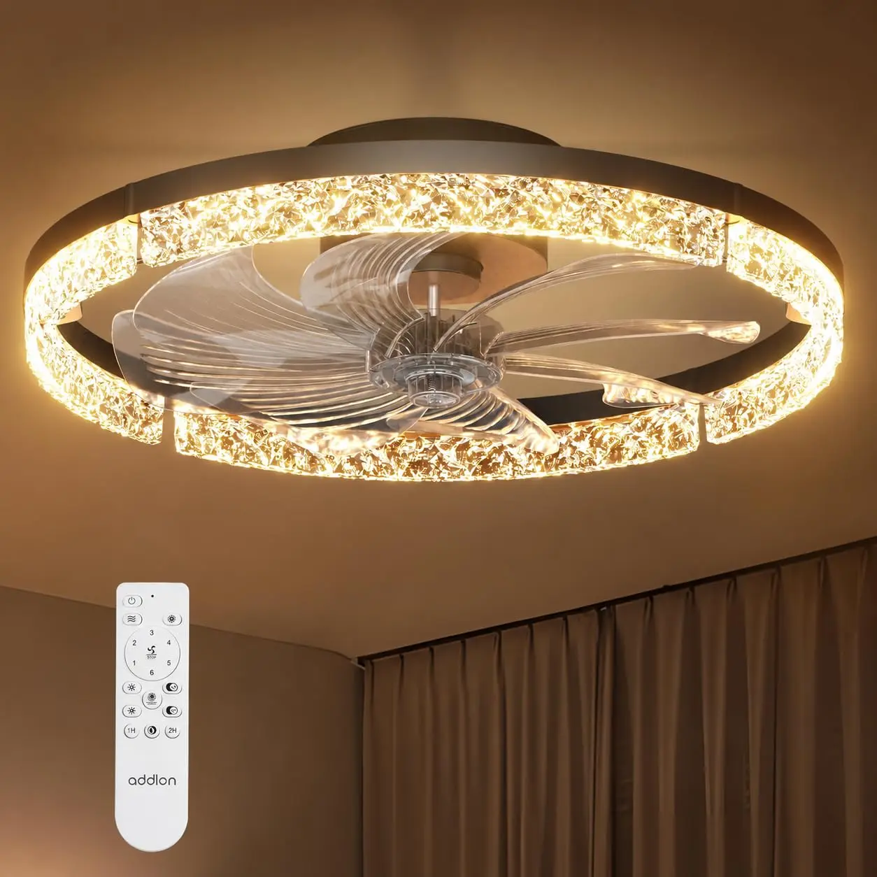 20" Low Profile Crystal Flush Mount Ceiling Fan with Lights & Remote - Enclosed Fandelier, Dimmable LED 3000-6000K, 6-Speed Quiet Reversible DC Motor - White Acrylic