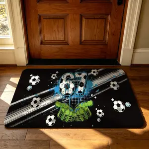 A rectangular floor mat with a football pattern and the number 67, featuring a soft, machine-washable design made from silicone and fleece. It's suitable for use as a dirt-resistant mat at the entrance, in bedrooms, bathrooms, or next to the bed, a