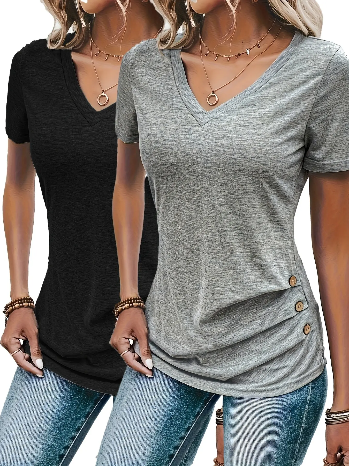 2-Pack Spring Summer New V Neck Short Sleeve Casual Top, Comfortable Fashion T-Shirt, Ideal for Everyday Wear and Home Use