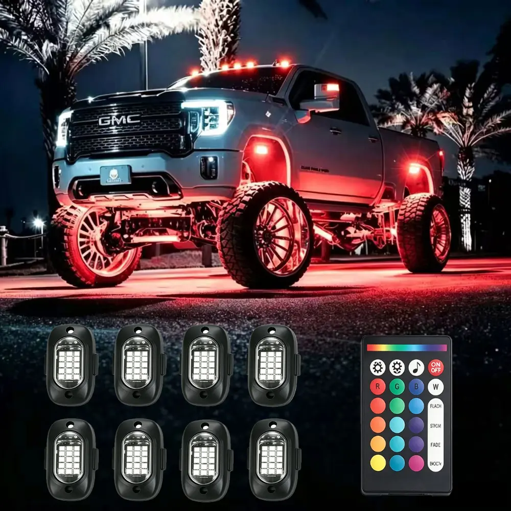 Vehicle Rock Lights RGB Undercarriage Decor Lights (4/6/8/10/12PCS), Car Accessories, Supports Bluetooth APP, Multi-color Lighting; Compatible with SUVs, Trucks, Motorcycles, Bicycles; LED Interior Ambient Lights, Automotive Decorative Lights