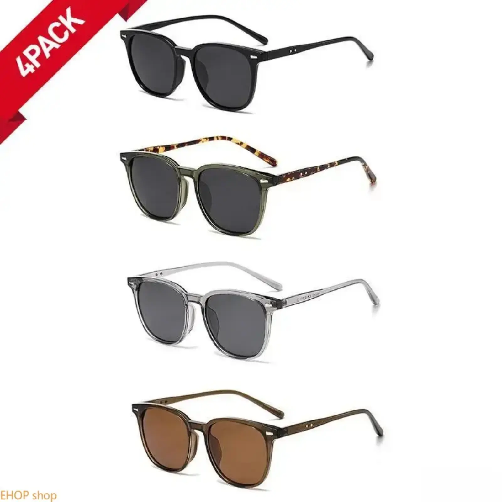 4-Pack Ultra Light Square Polarized Sunglasses UV Wind Resistant Face Flattering Multi Color Frames Trendy Summer Beach Stylish Eyewear