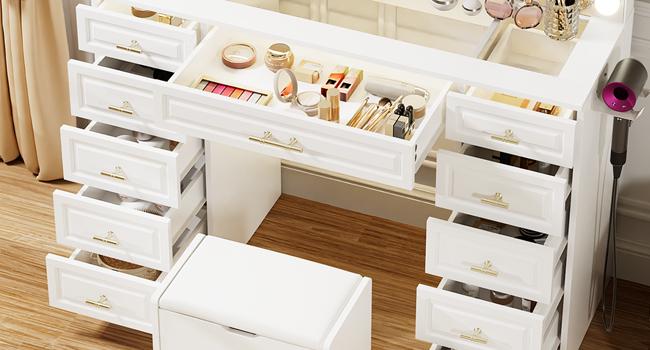 VOWNER Vanity with Lighted Mirror - Glass Top Makeup Vanity Desk w/Bluetooth Speaker, 14 Lights and 11 Drawers, 3 Color Lighting Modes Adjustable Brightness, Makeup Desk with Outlet for Bedroom, White