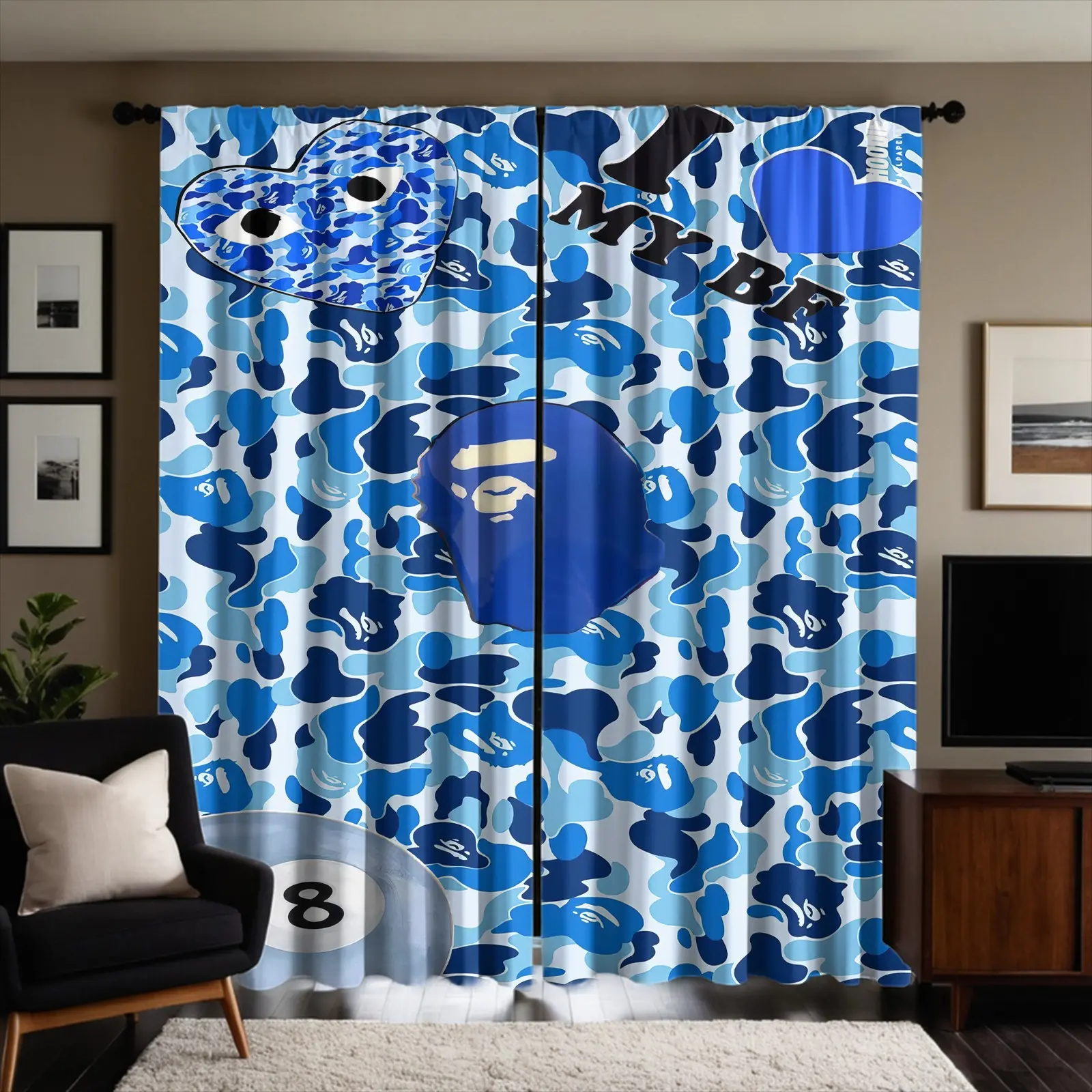 2pcs Blue Camouflage Ape Head Printed Curtains, Window Curtain, Street Style, Brushed Fabric, Semi Blackout Curtains, Not Easy To Fade, Pole Design, Suitable For Bedroom And Living Room Decoration, Machine Washable