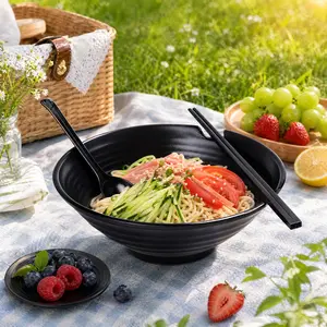 4 Sets Japanese Ramen Bowls Set, Melamine Ramen Bowl Set with Chopsticks, Spoons,3-in-1 Black Noodle Bowl Set for Ramen, Pho, Udon