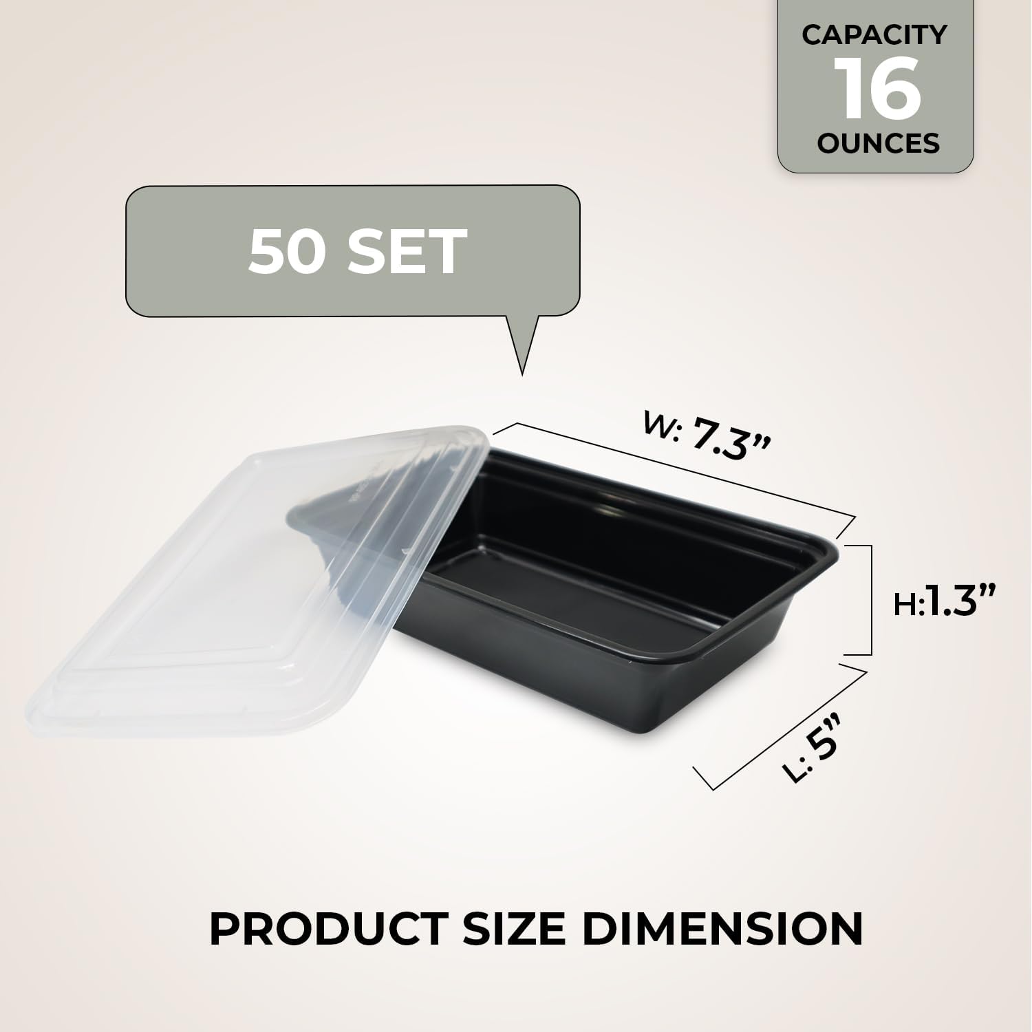 16 Oz, 50 Sets Meal Prep Containers with Airtight , ,  Plastic  Container, 16 oz, Rectangular, Black/Clear, 50 Sets