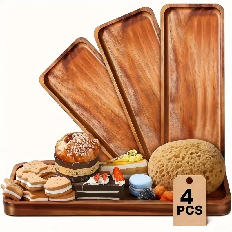 Four-Piece Wooden Serving Tray Set, Serving Platters, Cold Appetizer Board, Cheese Plate, Dessert, Snack, Bread, Fruit Platter, Party, Buffet, BBQ, Holiday Decor