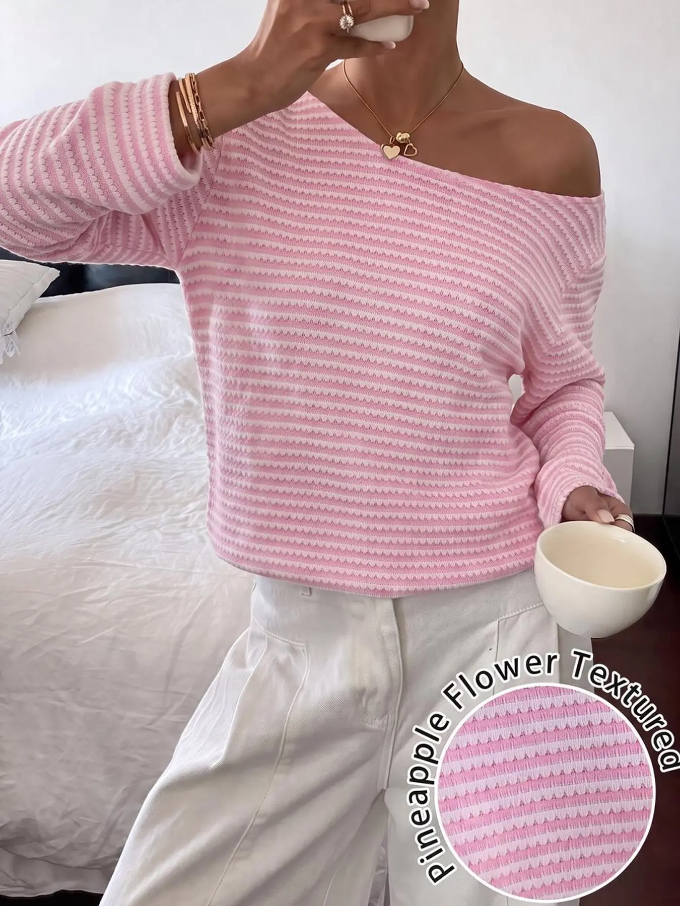 Pure Desire Women Off‑Shoulder Striped Pineapple Flower Textured Knitted Long Sleeve Tops Casual Loose Knitted Pullover Y2K Cute Streetwear Daily Going Out Autumn Blouse Shopping Outdoor Fall Fashion Pullover Top Shirt #tiktokmademebuyit #2000sfashion