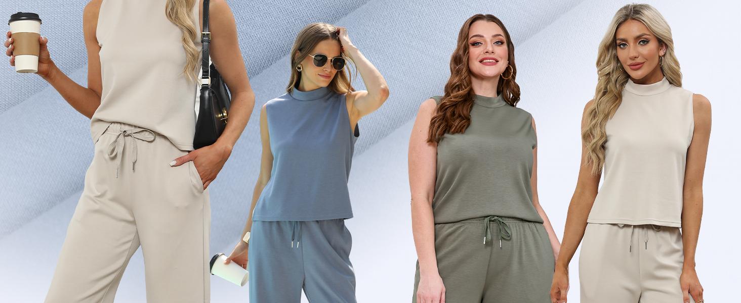 WIHOLL Two Piece Sets for Women Summer Outfits Lounge Sets Mock Neck Tops Wide Leg Crop Pants Vacation Travel Outfits