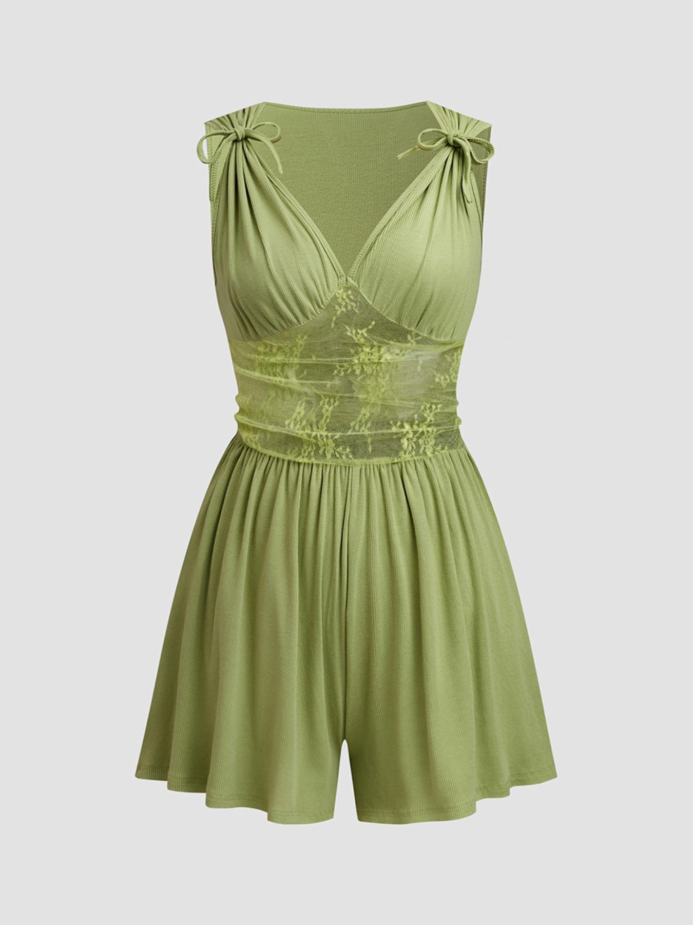 Women's Plain Ruched Deep V Neck Tank Romper, Elegant Sleeveless Romper For Summer, Fashion Casual Ladies Clothes For Daily Wear