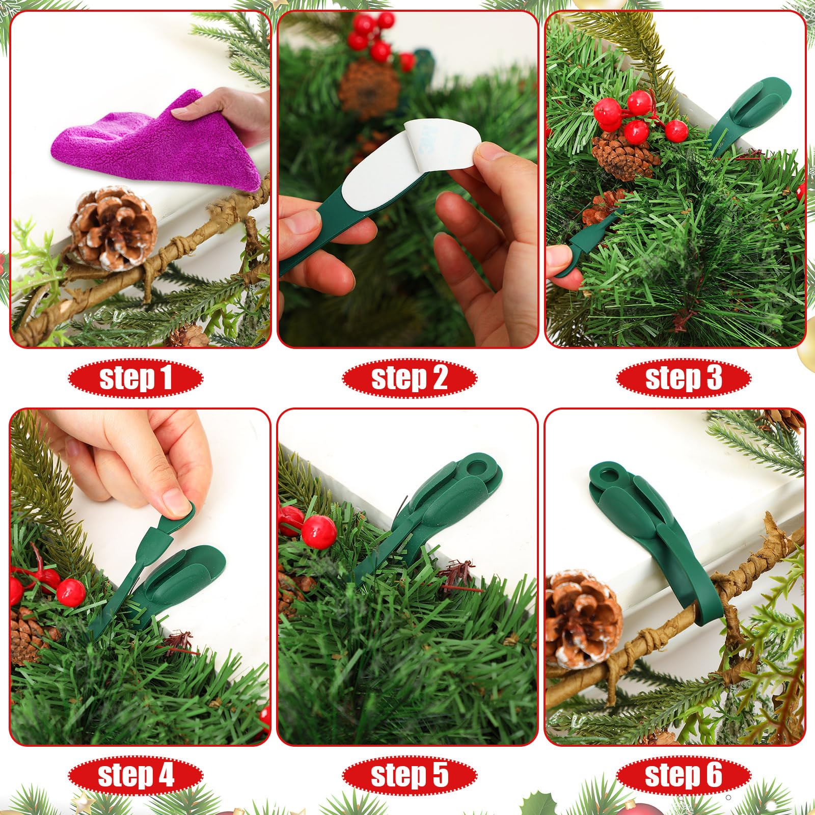 12 Pcs Christmas Garland Hook Pine Branch Garland Wall Hooks Green Wall Hanger Mantle Wreath Hook Christmas Garland Ties Stocking Holder Reusable Silicone Adhesive Straps Decoration for Fireplace Stairways  Home Decor Party  2024 ornament