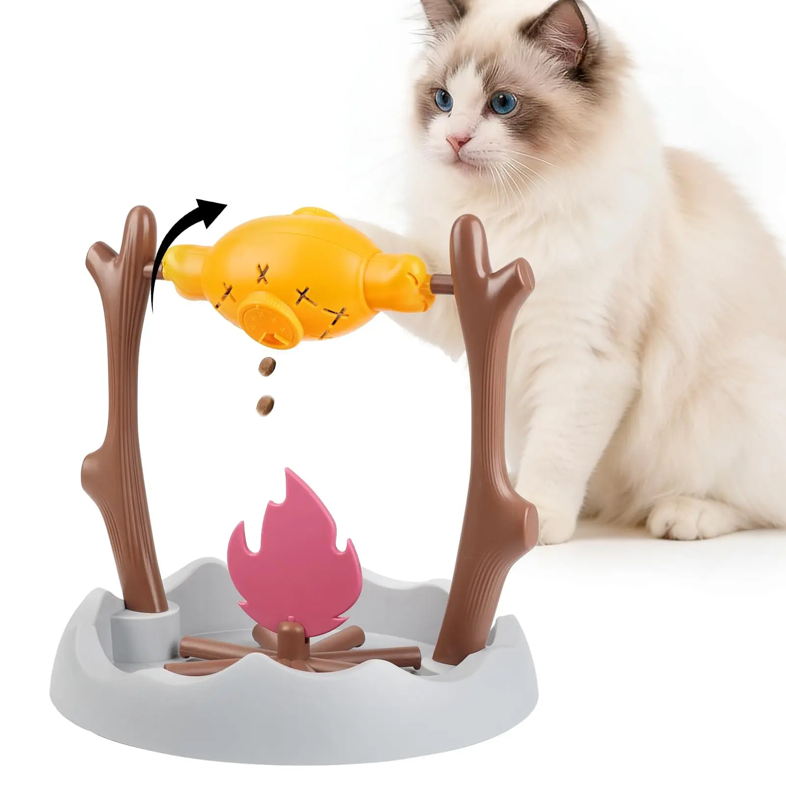 Cat Treat Dispenser Toy, Interactive Foraging Puzzle Feeder for Cats, Slow Eating Training Toy, Cat Enrichment Toy to Reduce Boredom and Prevent Overeating, Keeps Pets Active (Campfire Roast Design)
