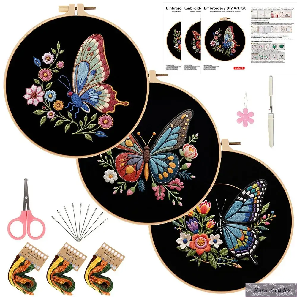 Embroidery Kit for Beginners, Floral Butterfly DIY Handcrafts Set with Printed Fabric, Plastic Hoop Frame, and Steel Needles - 1 Kit for Home Decor, Creative Home Decor Gift Idea, Hand Stitching Craft, Stitching Kit
