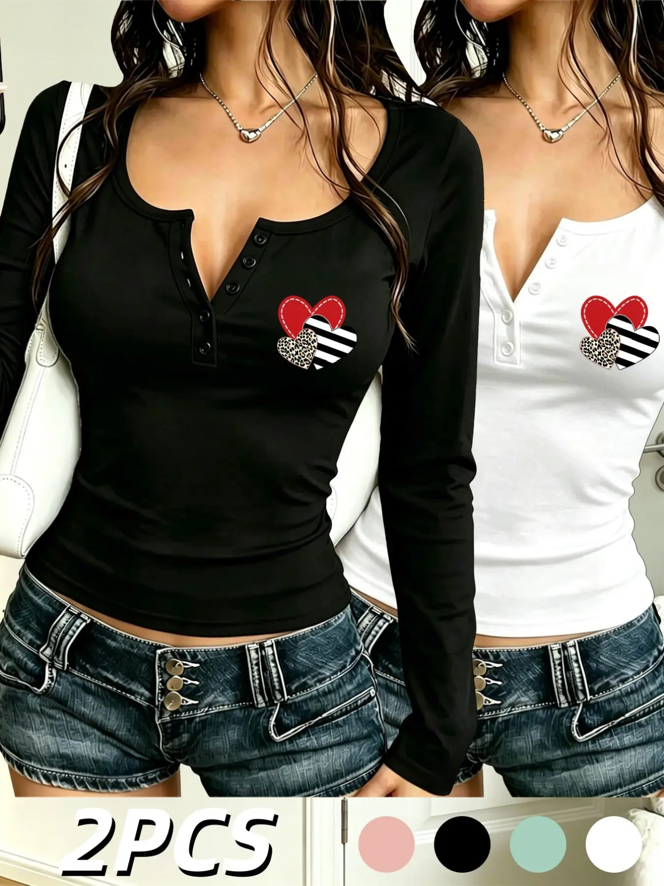 Women's Long Sleeve Fitted Top, Sexy Geometric Print, Heart, Spring & Fall Fashion, Elastic Short Tee, Sweet Cool Style, Slim Fit Innerwear