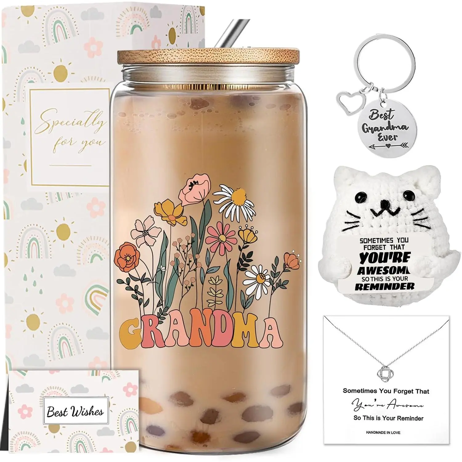Grandma Gifts, Thanksgiving Gifts for Grandma from Grandchildren Granddaughter Grandson,  Godmother Birthday  Set with 16Oz Glass Cup Necklace