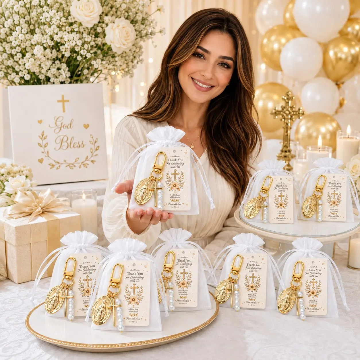 30Pcs/10Sets Baptism and Christening Favors, Gold Cross Keychain with Virgin Mary Pendant and Thank You Card, White Organza Gift Bag Set, First Communion Baptism Guest Favors, Religious Baby Shower Party Gifts