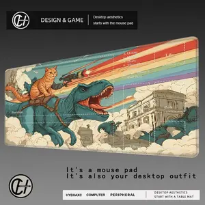 Heroic Orange Cat Riding T-Rex Design MTG Playmat with Zones, NO ZONE TCG Card Game Mat, Anti-Slip Rubber Base Desk Pad