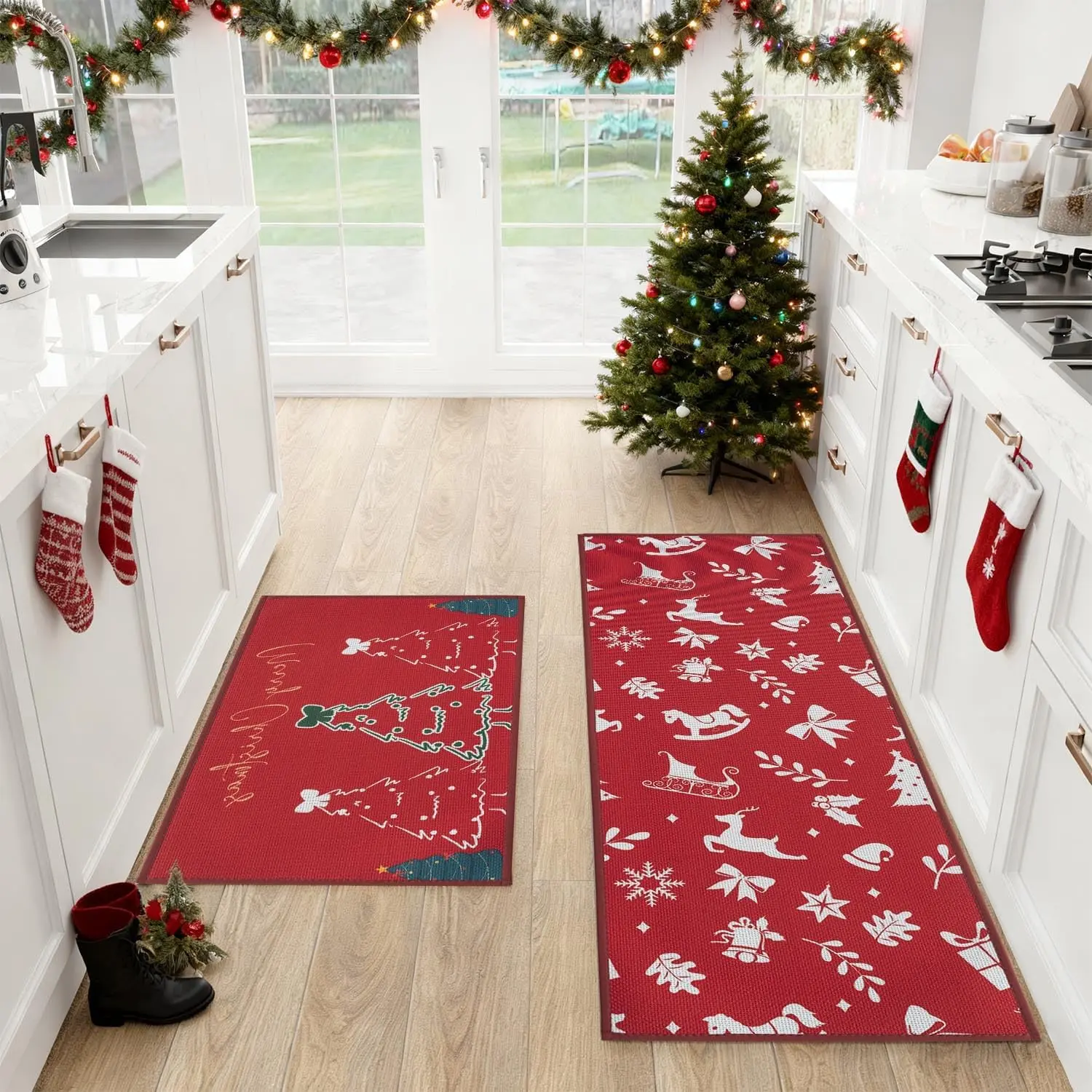 Merry Christmas Kitchen Mat Set of 2 count, Non Slip Rugs for Kitchen Floor, Red Christmas Decor, Absorbent Runner Comfort Standing Mats Washable for Kitchen,  (Tree, 17.3"x47"+17.3"x30")