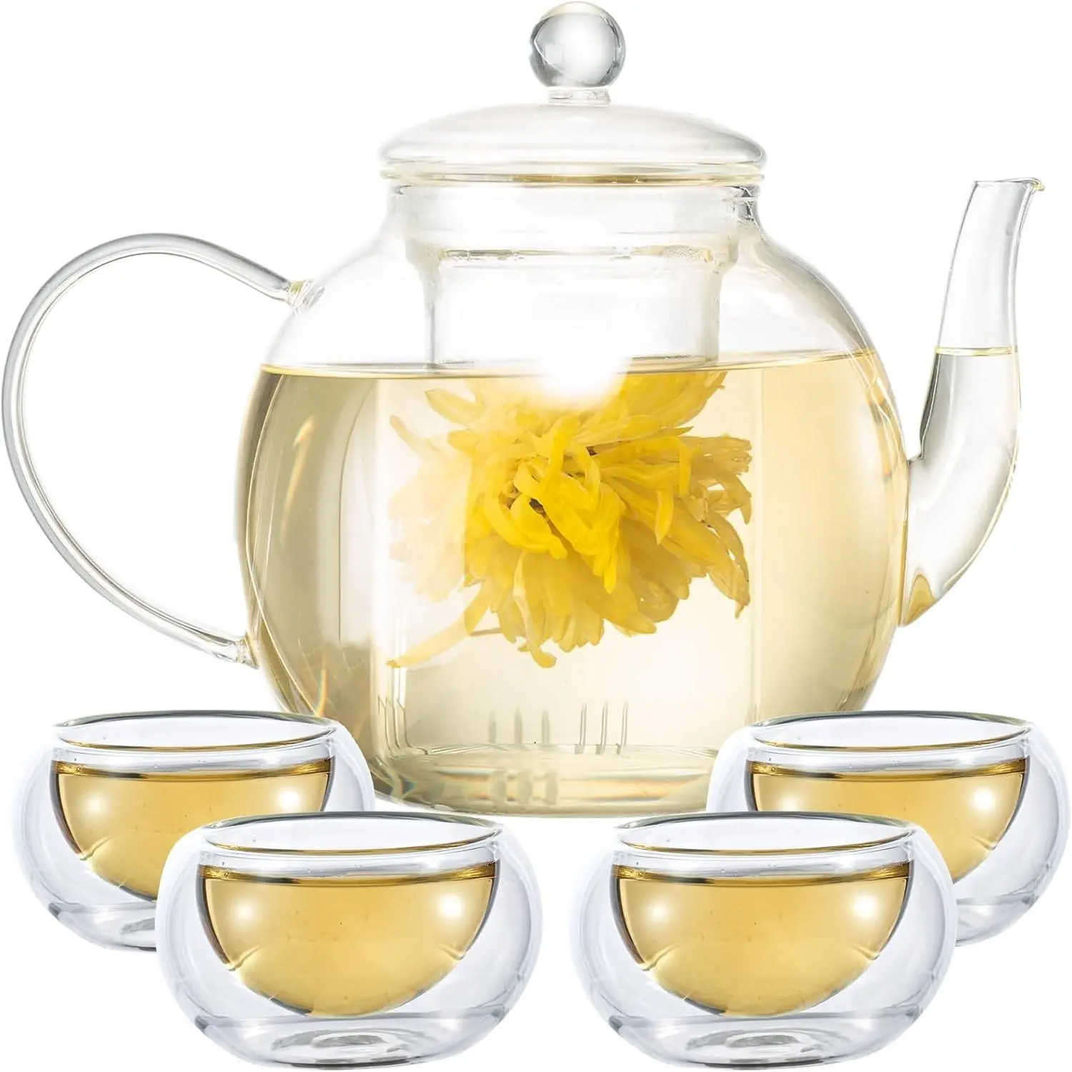 Wlasss Glass Teapot Set with 4 Teacups, 1500 ml/50 oz Tea Pot with Infusers for Loose Tea and Flower Tea, Stovetop and Microwave Safe Borosilicate Glass Tea Kettle, Tea Gift Sets for Christmas