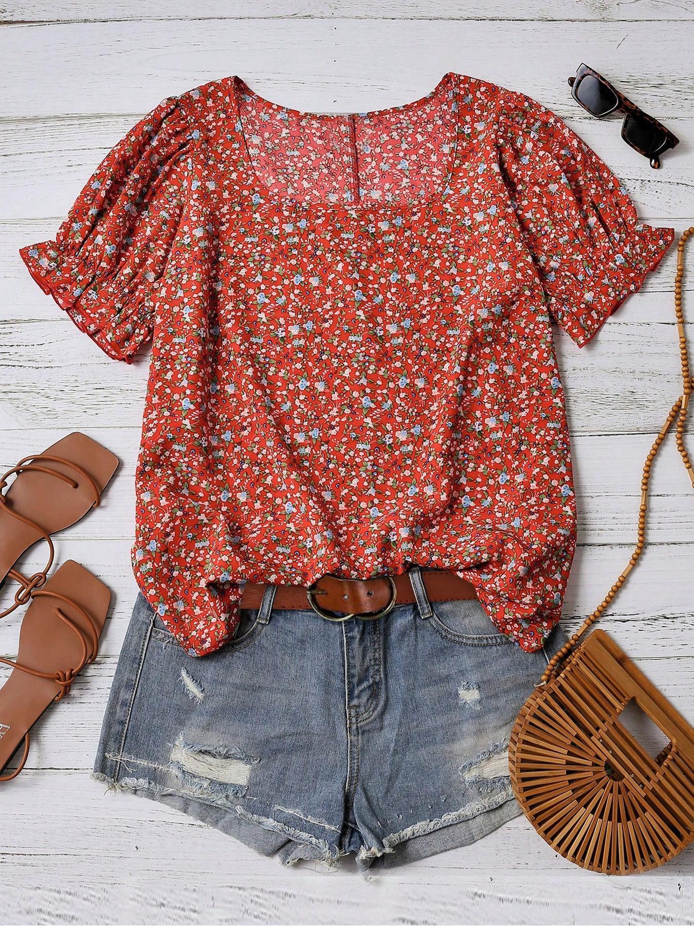 【Plus Size】 Ditsy Floral Print Blouse, Shirts, Casual Short Sleeve Top for Daily Wear, Women Plus Clothing for All Seasons