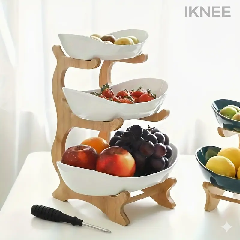 3 Tier Wooden Fruit Bowl Stand Double Layer Snack Tray Natural Wood Storage Rack Organiser for Kitchen Living Room Space Saving Easy Assembly Father's Day Gift Elegant Candy Display Shelf