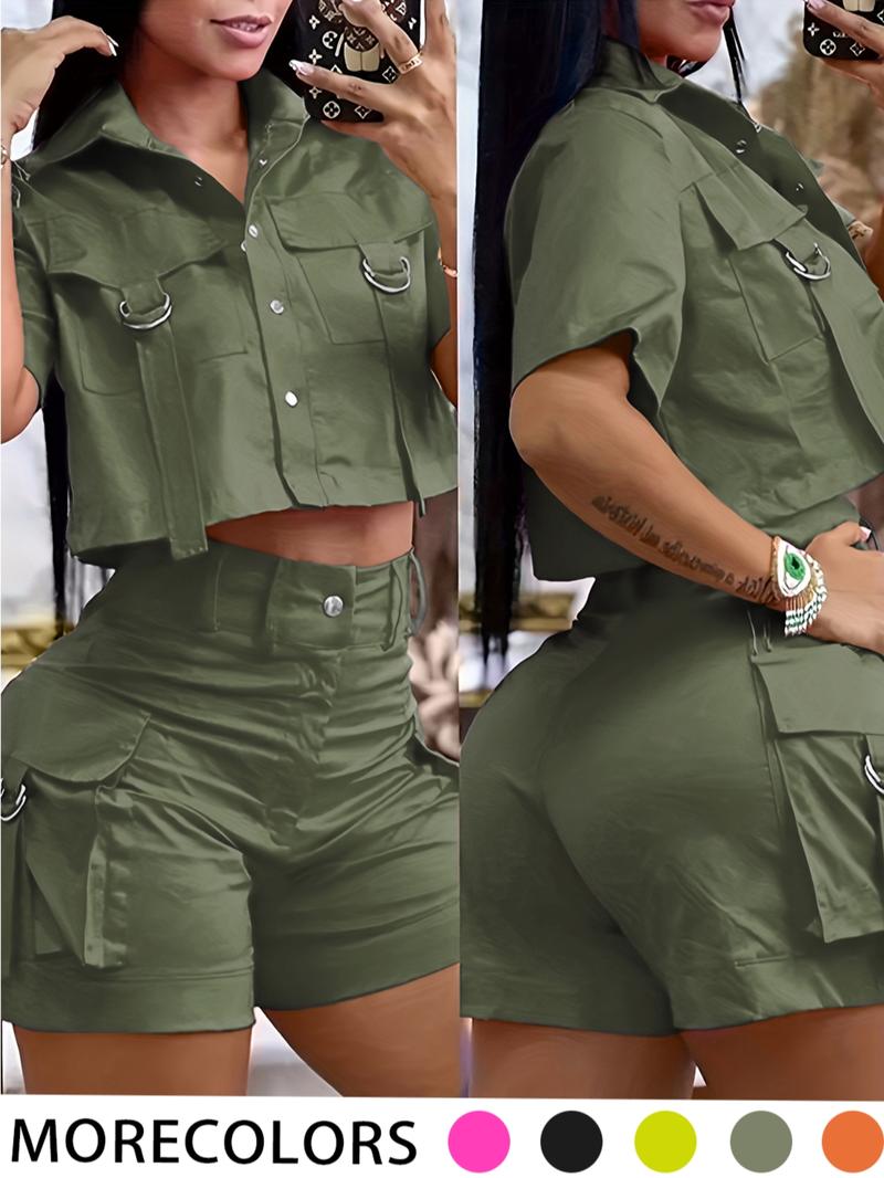 Two-piece Set Women's Solid Button Front Crop Top & Shorts Set, Casual Short Sleeve Collared Top & Shorts for Summer, Ladies Clothes for Daily Wear, Cute Summer Outfit