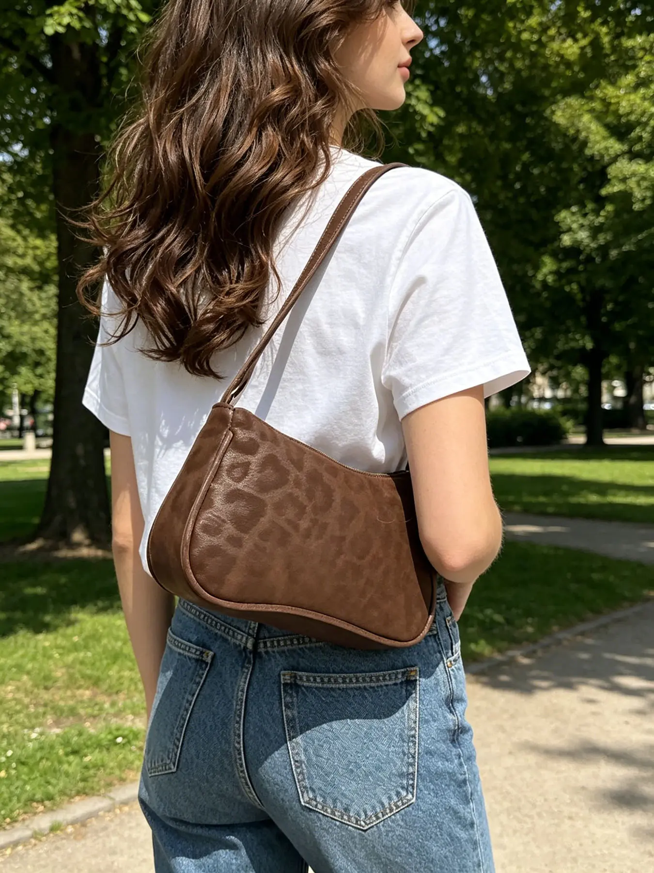 Smooth Wrinkle-resistant Leopard Shoulder Bag, Curved Zipper Baguette Underarm Purse, Crossbody Shoulder Purse, Casual Fashion Bag, Four-season Casual Ladies Bag for Brunch, Errands & Daily Outdoor Walks