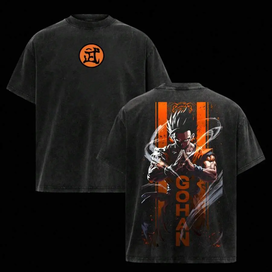 Women's Anime Theme Short-Sleeve Crew Top - Gohan Warrior Ink Splatter Double-Sided T-Shirt, Retro Otaku Aesthetic Fabric, Unisex Summer Outdoor Wear