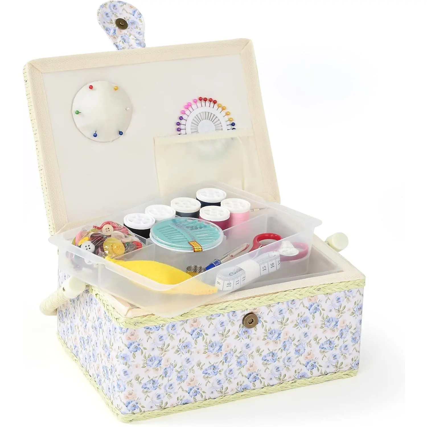 Sewing Basket - Sewing Box for Sewing Supplies, Sewing Organizer Box Sewing Kit Storage Christmas Gift for Sewing Enthusiast (Pale Blue Flowers)