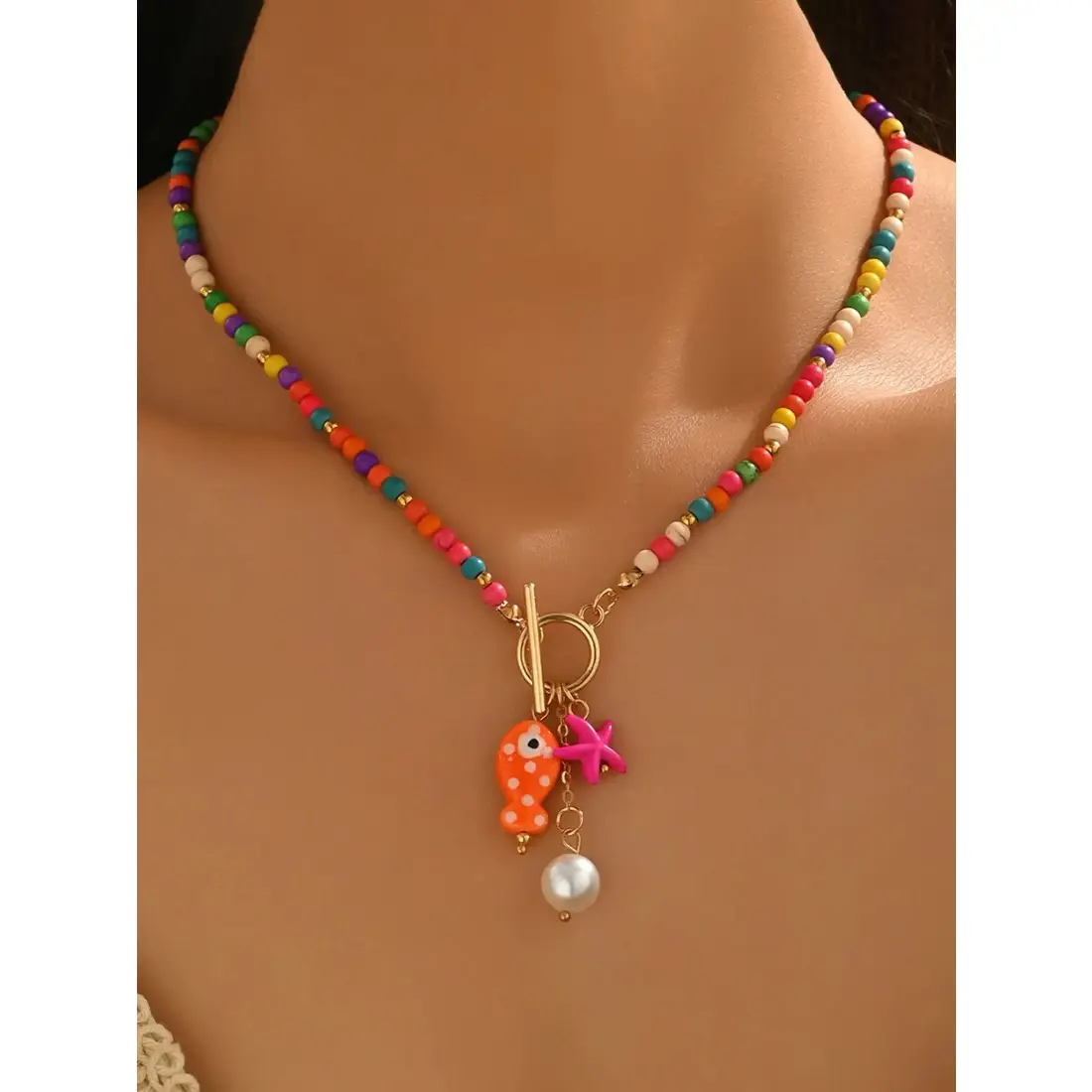 Women's Ceramic Fish-Starfish Charm Necklace - Ceramic Material, Tassel Design, Pearl Tassel, Playful Animal Motifs, OT Buckle Beaded, Cute Summer Fashion Jewelry Gift, Vibrant, Fish & Starfish Fun, Gift‑Ready Cute