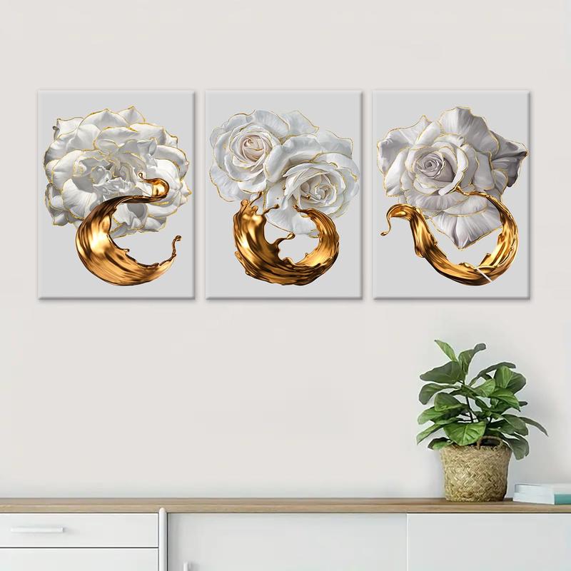 Wooden Framed Canvas Painting, 3 Counts/set Flower Pattern Wall Art, Modern Art for Home Living Room Bedroom Office Decor