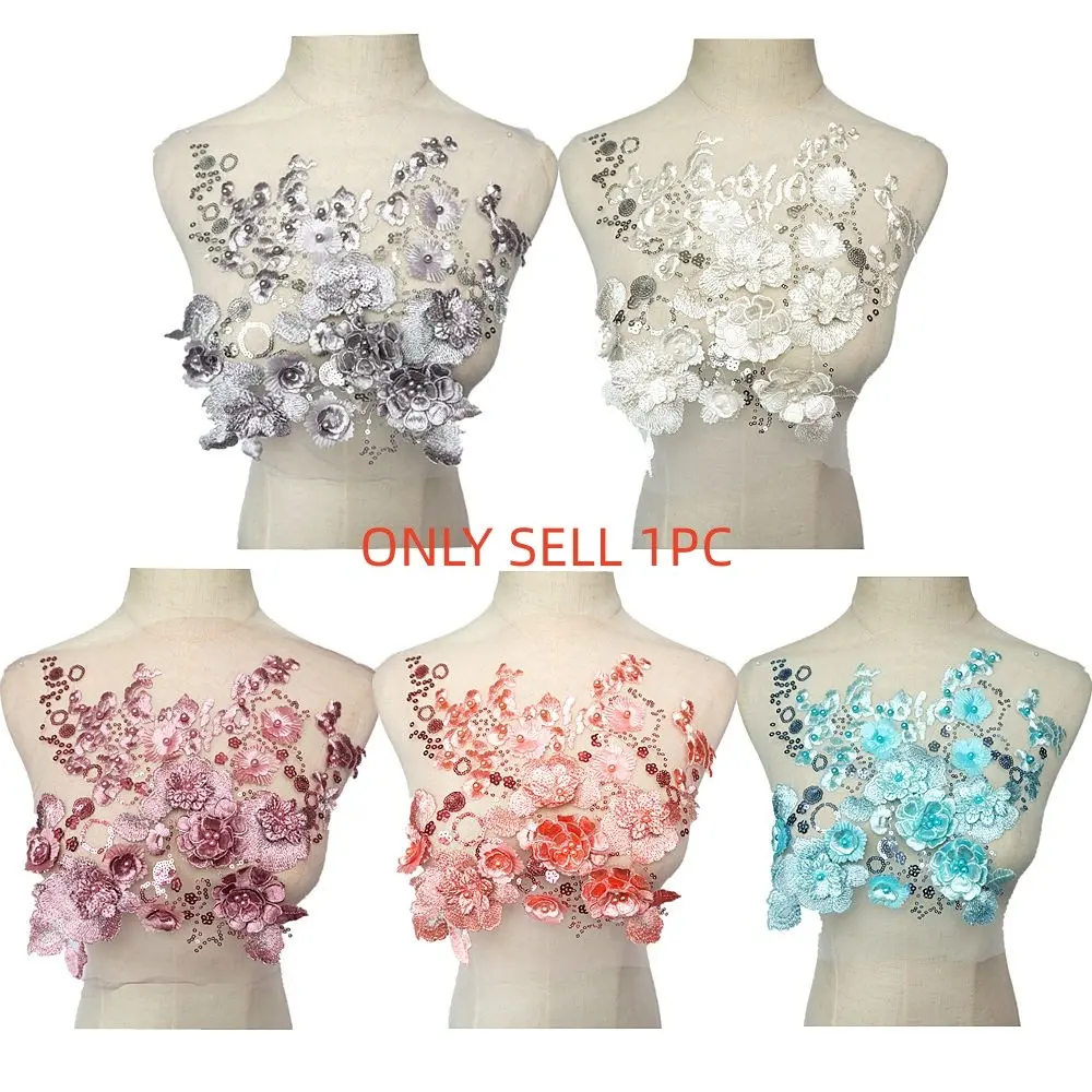 Teal Grey White Elegant Lace Fabric 3D Flowers Beads Sequin Appliques Embroidery Mesh Sew Patch For Wedding Evening Dress Decoration DIY