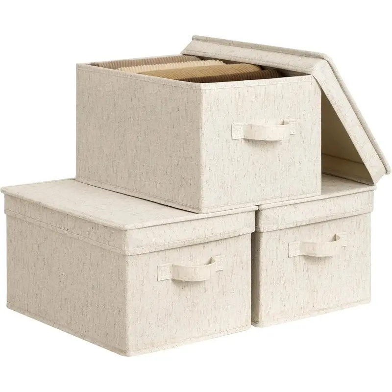 Fabric Storage Bins with Lids, Decorative Storage Bins with Soft Handles, Foldable Storage Baskets for Closet, Shelves, Stackable and Sturdy Organization, Beige, Large, 3-PackGift.
