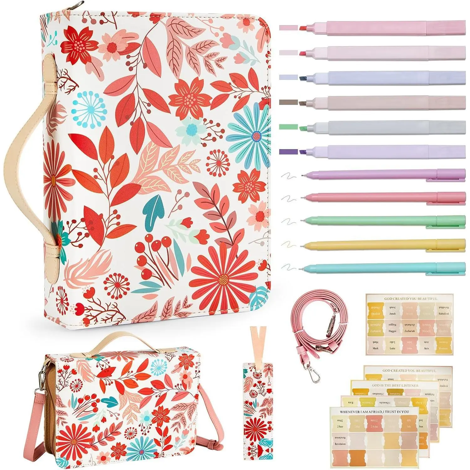 Women's Floral Leather Bible Cover Set (19PCS) - Christian Church Carrying Bag with Shoulder Strap, Highlight Pens, Bookmark, Journaling Supplies, Christmas Gift for Teen Girls