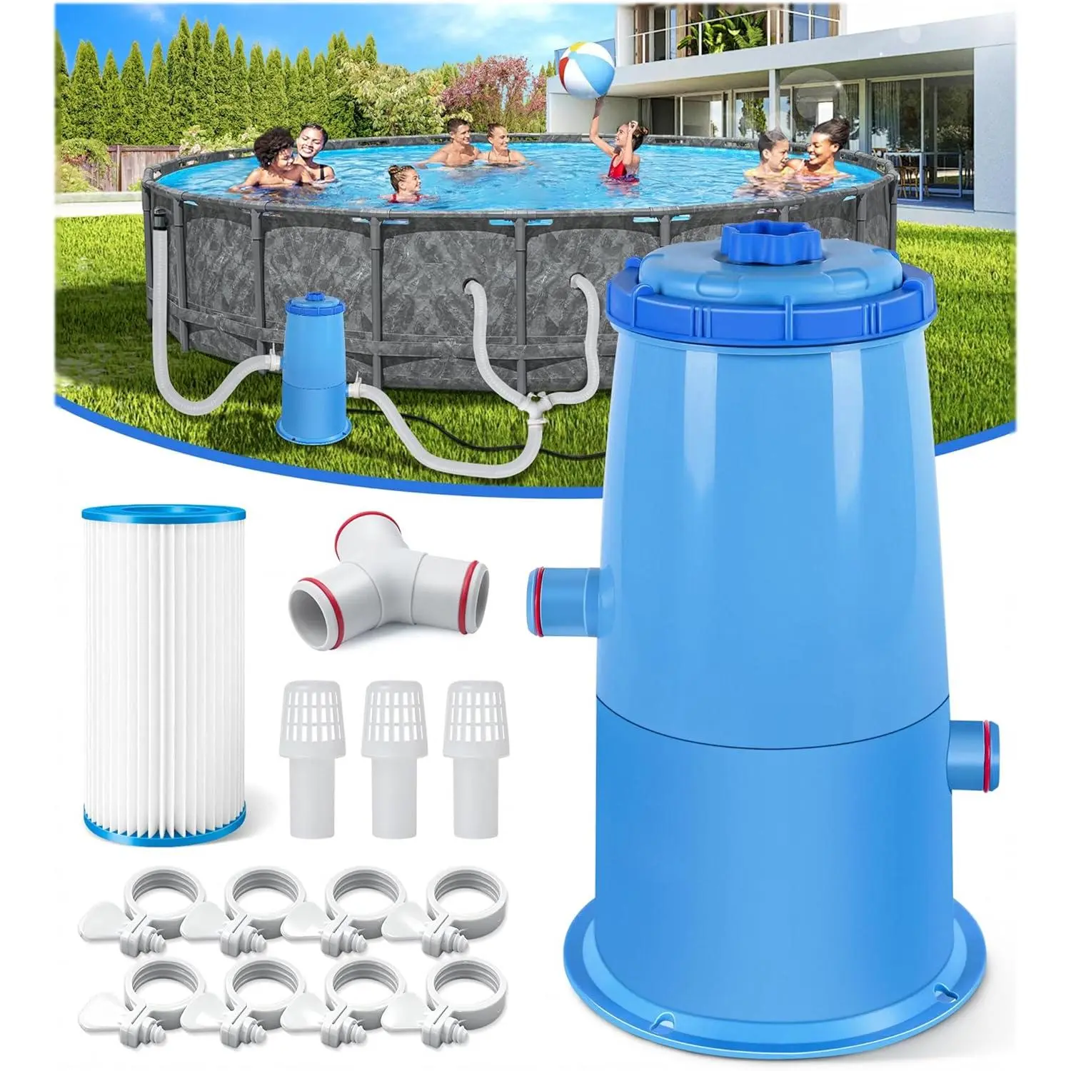 1000 GPH Pool Filter Pump for Above Ground Pools, Type A/C Cartridge Filter Pump System, Safety ETL Listed Above Ground Pool Pumps with GFCI, Improved Water Circulation & Filtration - Blue