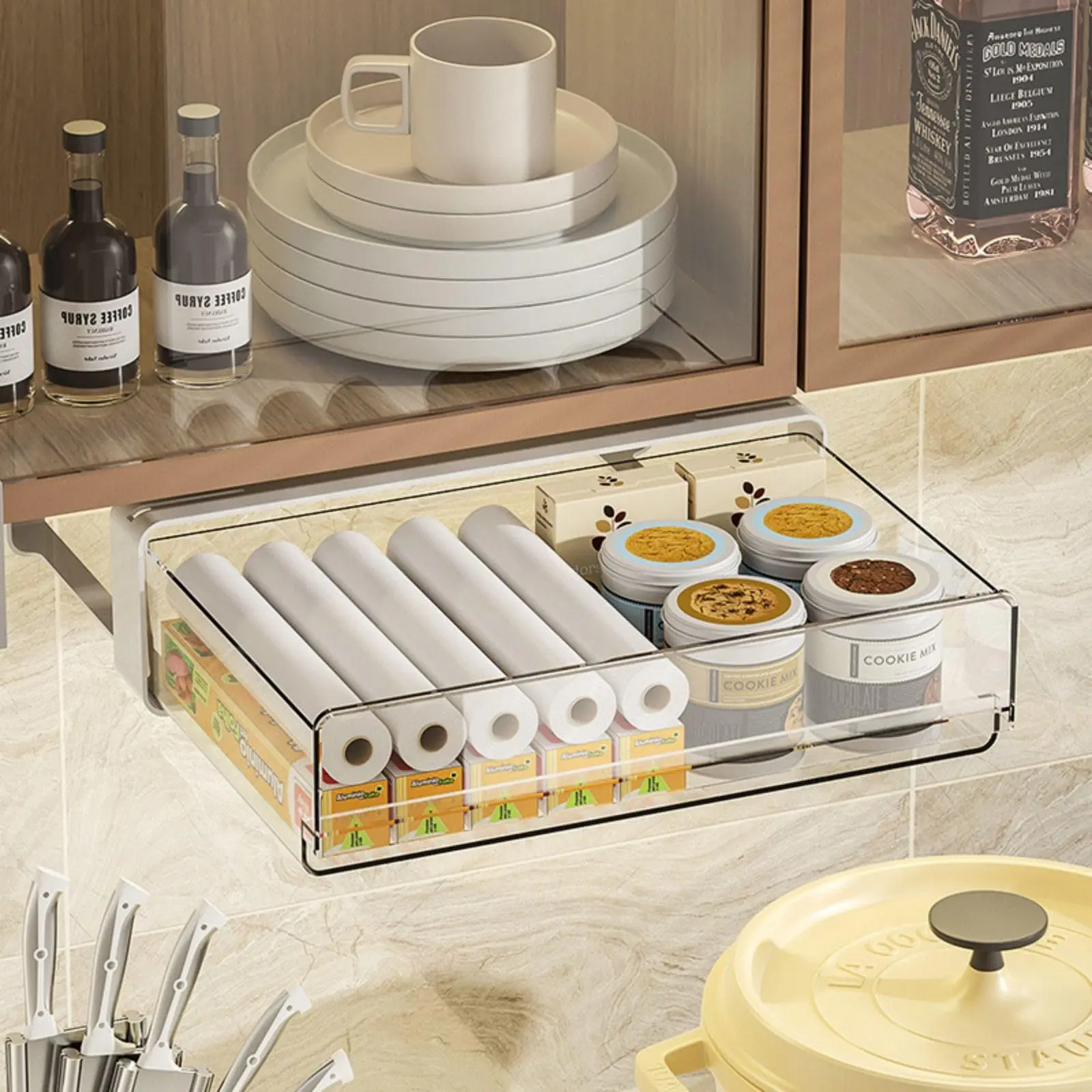 Smooth Plastic Pull-Out Under Cabinet Drawer Organizer - Self-Adhesive Under Desk Storage Rack, Adjustable, Individual Pack, Easy Installation for Kitchen, Office, Bathroom