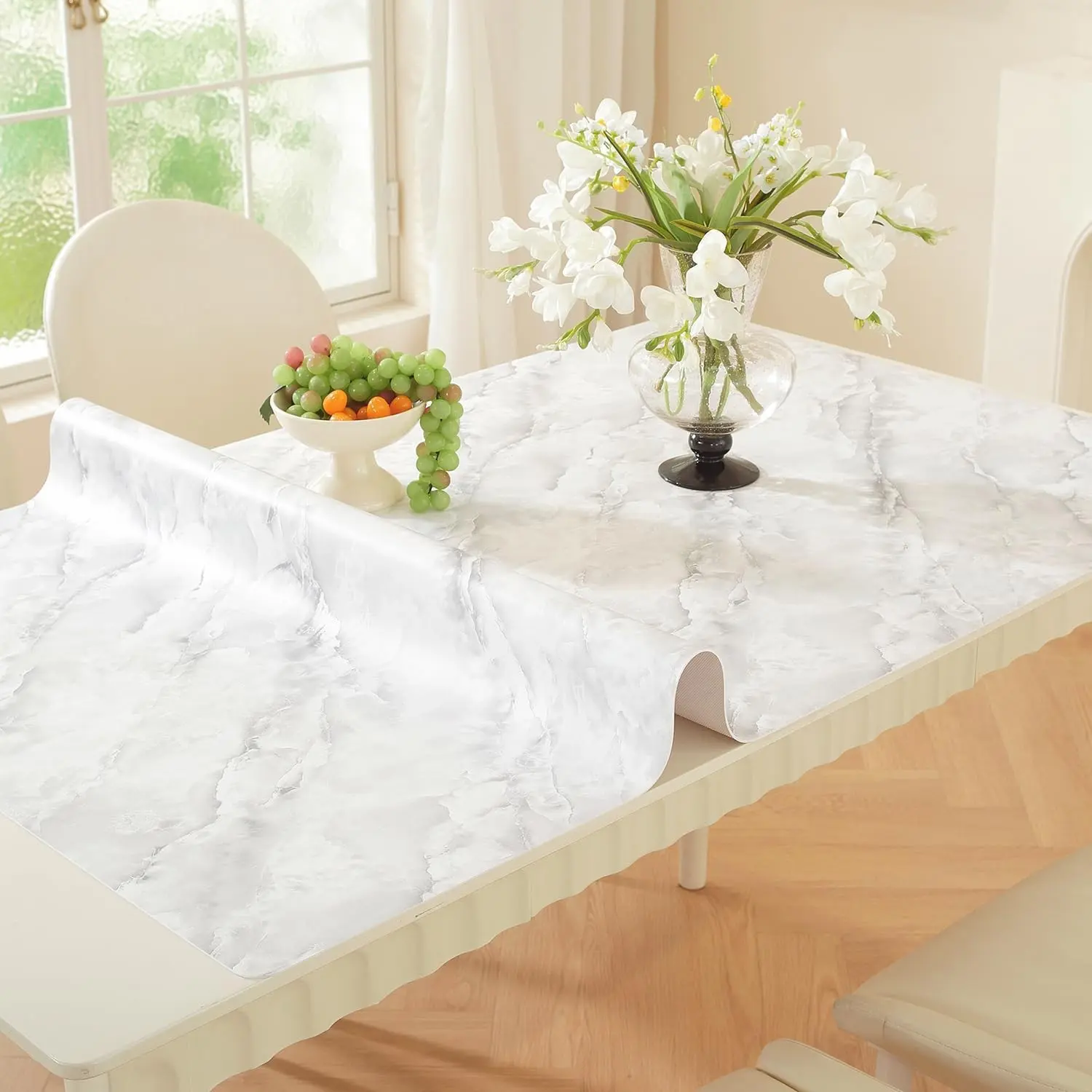 OstepDecor Marble-Look Table Protector 30 x 48 Inch, Skin-Friendly & Waterproof Vinyl Desk Protector Mat, 24H Wipeable Oil-Proof Plastic Cover for Dining, Coffee Table and Dresser